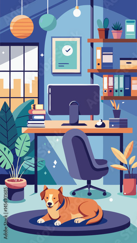 A cute dog is laying on a desk in a room with a computer, a clock, and a potted plant. The room has a modern and organized look, with the desk being the main focal point
