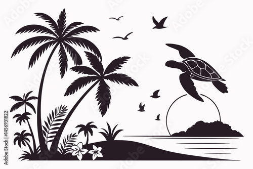 11 Tropical beach silhouette, palm trees, sea turtles, sunset, ocean horizon, flying birds, exotic foliage, black and white illustration, minimalist design, symmetrical composition, tranquil scene, ve