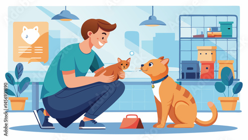 A man is petting a cat in a pet store. The cat is sitting on the floor next to a dog