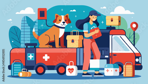 A woman is standing next to a red truck with a dog on top. She is holding a book and a bag. The scene is set in a city with a lot of buildings and trees. Scene is lively and energetic