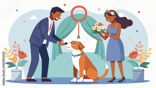 A man in a suit is holding a flower in front of a dog. The dog is sitting on the floor and looking at the man
