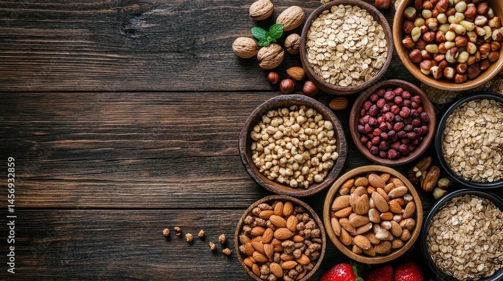 Assortment of healthy cereals and nuts in wooden bowls on a rustic table, perfect for breakfast or snacking. Assortment of healthy cereals and nuts in wooden bowls on a rustic table, perfect for breakfast or snacking.