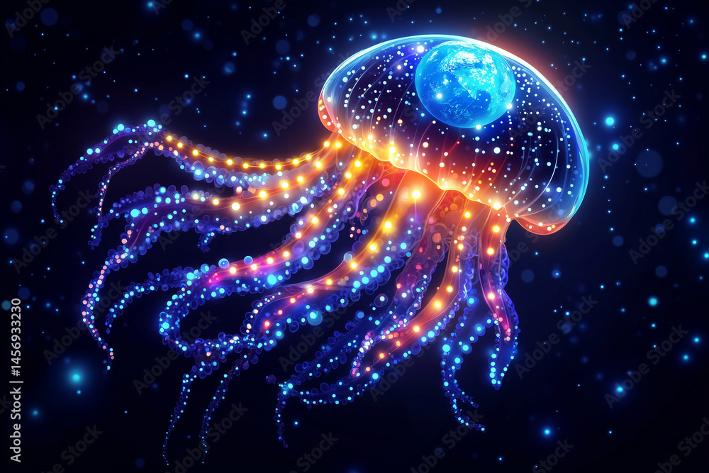 Fototapeta premium Glowing Jellyfish with Planet Earth. A surreal illustration of a glowing jellyfish containing Planet Earth, blending marine life and space in a vibrant, fantasy-style digital artwork.