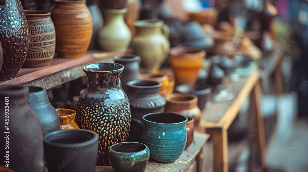 Fototapeta premium Shelf full of rustic ceramic pots and jars in traditional pottery shop with handcrafted textures