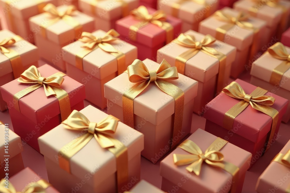 Elegant gold ribbon tied gift boxes, repeating pattern, digital, festive