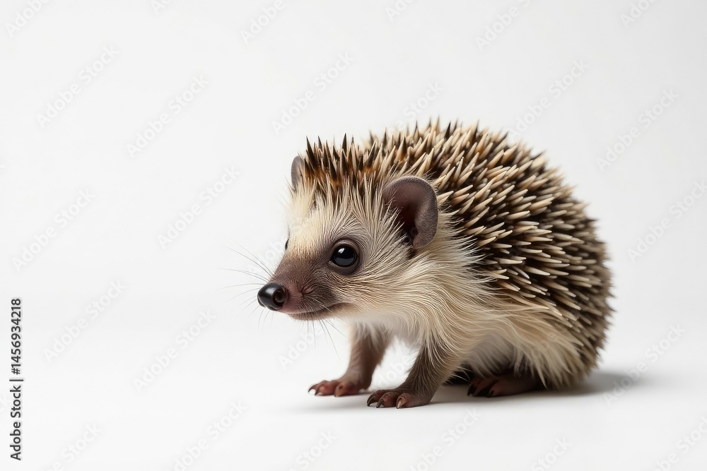 A solitary hedgehog, perfectly centered against a stark white backdrop, fauna, perfect shot, spiny