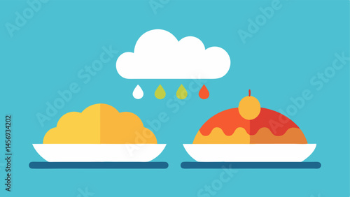 the first dish is beautifully plated represented as a glowing plate leading them to think it tastes great while the second messy dish has a rainy cloud above it despite both