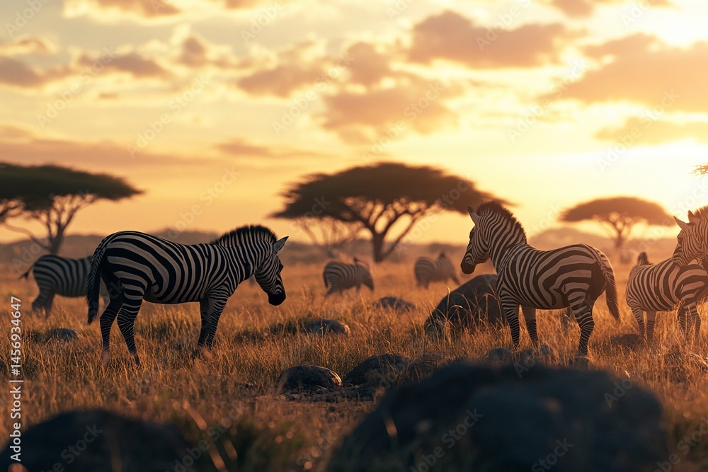 Fototapeta premium Silhouettes of zebras in the Serengeti at sunset, with rocks and acacia trees in the background, creating a beautiful landscape and safari scene. The image is photo-realistic, with high resolution, 