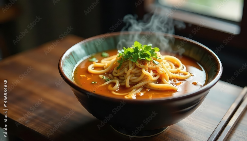 Steaming bowl of ramen noodles, chopsticks, garnish, hot, stock, steam