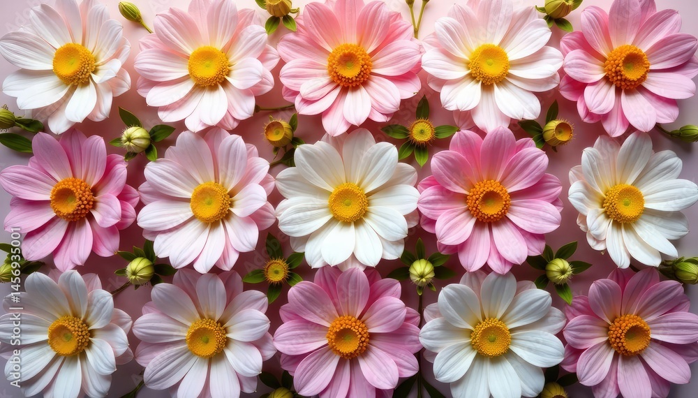Delicate flower buds arranged in a square grid, creating a geometric design , print, abstract