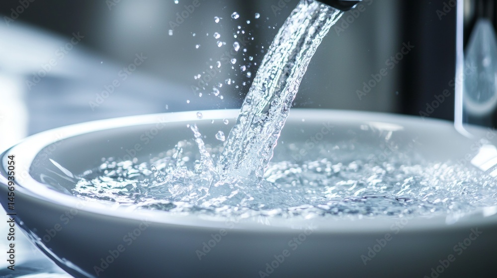 Splashing water pouring into white bowl in high-speed motion photography with clear reflections Splashing water pouring into white bowl in high-speed motion photography with clear reflections