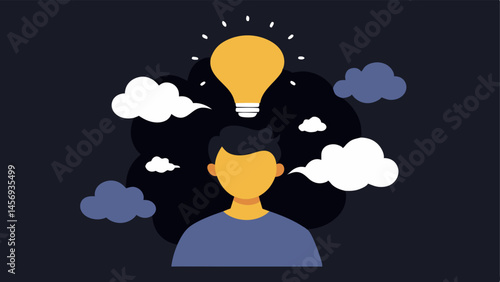 Clouded Mind A person with a cloud over their head filled with chaotic dark shapes labeled Negative Thoughts obscuring a bright idea represented by a light bulb just above them.