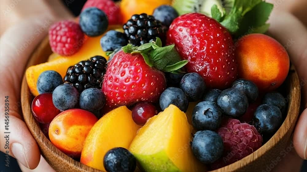 Colorful fruit salad held in hands. A vibrant mix of seasonal fruits, including berries, peaches, kiwi, and more, in a wooden bowl Colorful fruit salad held in hands. A vibrant mix of seasonal fruits, including berries, peaches, kiwi, and more, in a wooden bowl
