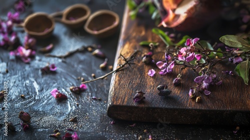 Rustic herbs and spices on wooden table with dramatic moody lighting and petals scattered