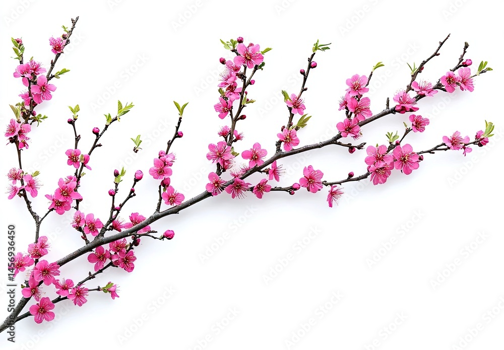 Peach Branch Bloom Displaying Pink Flowers and Buds on a White Background Peach Branch Bloom Displaying Pink Flowers and Buds on a White Background