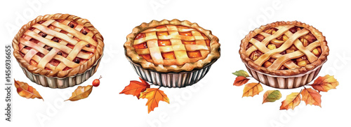 Watercolor set of sweet pies with autumn fruits and berries. Fragrant pies for Thanksgiving and autumn holidays. Autumn homemade sweet pastries watercolor. Vector illustration.