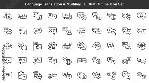 Diverse language translation icons represent multilingual communication and global interaction within outlined speech bubbles