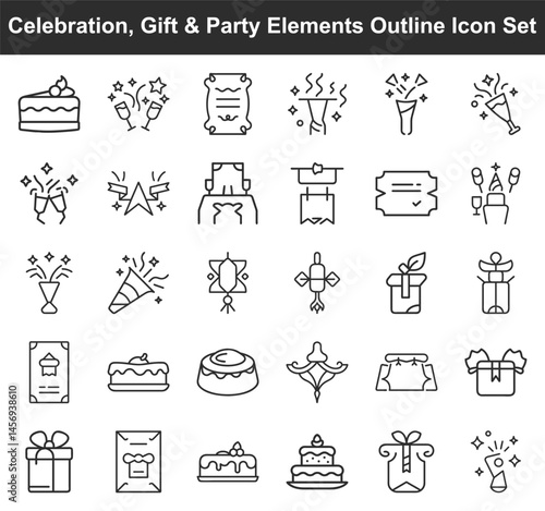 Minimalist line drawing shows a set of party icons symbolizing celebration and gifting