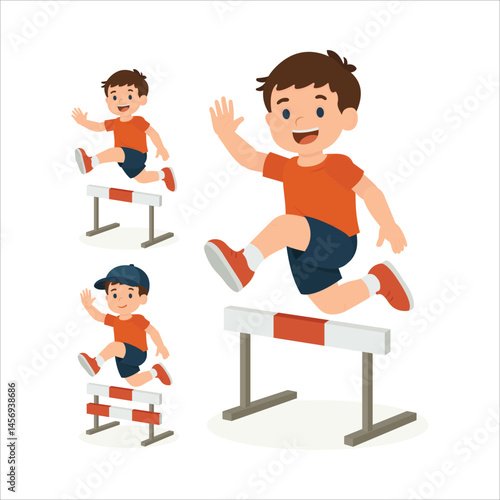 Cartoon boy character jumping over hurdles in different editable poses. The illustration is designed for animation, motion design, and sport-themed projects with dynamic movement. Part of set.