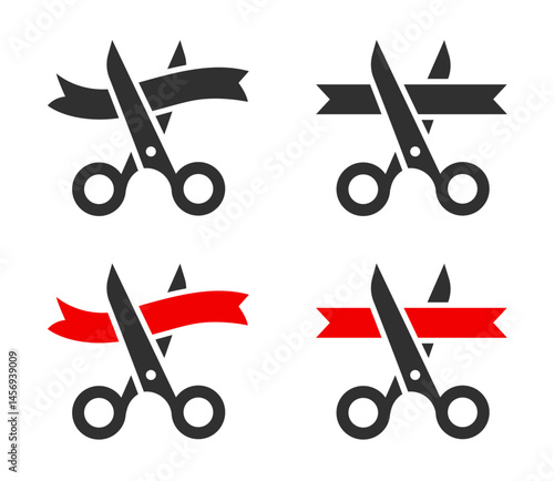 Scissors cutting red ribbon, Scissors cutting ribbon vector icon, grand opening, inauguration