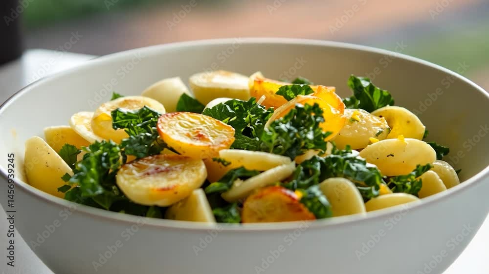 Pasta with roasted potatoes and kale in white bowl, home-cooked, delicious Pasta with roasted potatoes and kale in white bowl, home-cooked, delicious