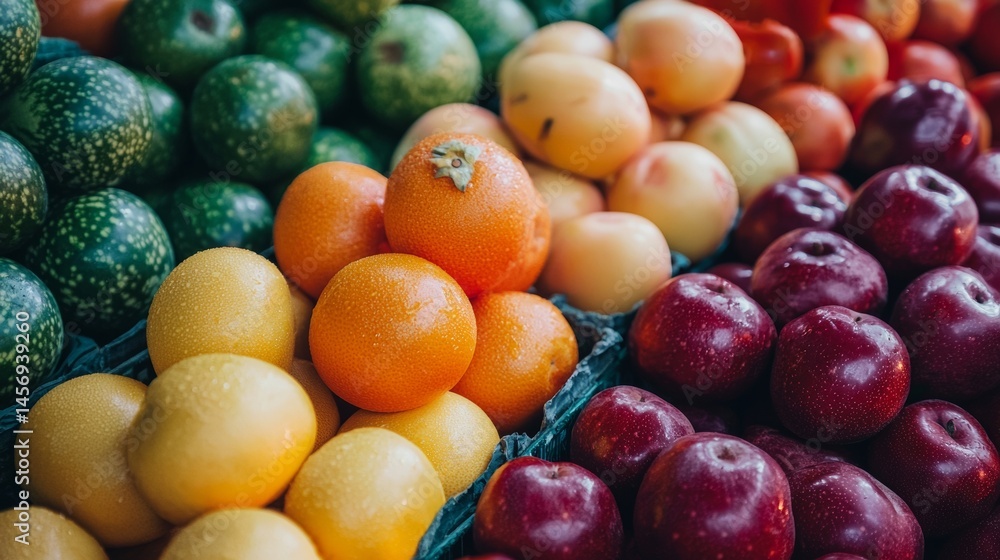 Fruit display at market with vibrant citrus, apples and oranges arranged in colorful symmetry Fruit display at market with vibrant citrus, apples and oranges arranged in colorful symmetry