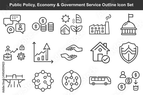 Outline icons depict topics such as finance, government, industry, environment, infrastructure, safety, and transportation