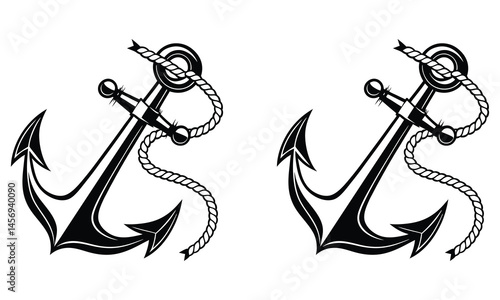 Nautical anchor with rope, a marine vector illustration, is a classic ship symbol and design element
