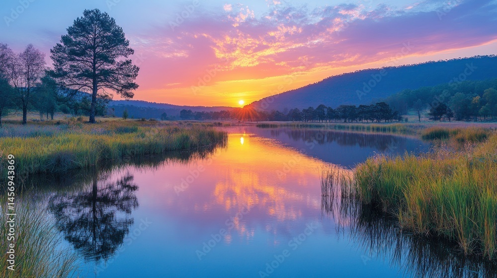 Fototapeta premium Picturesque landscape featuring a serene lake reflecting the sky at sunset