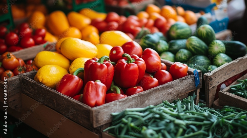 Market box filled with assorted fresh bell peppers in vibrant natural light Market box filled with assorted fresh bell peppers in vibrant natural light