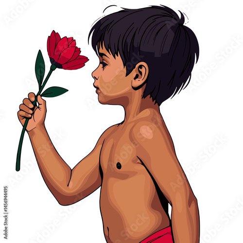 Child holding a red flower in a proud pose, self-expression