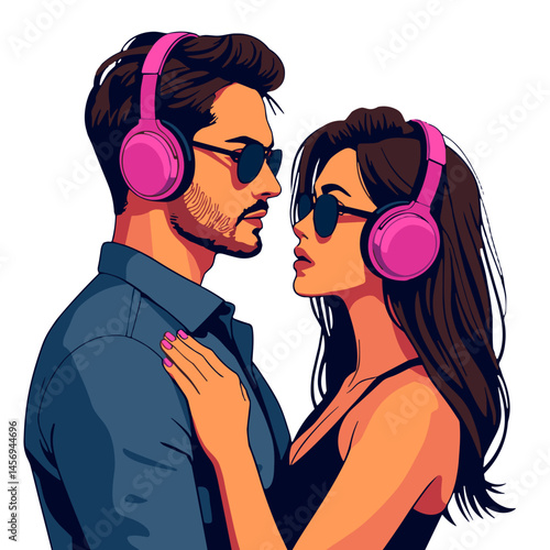 Couple sharing headphones in bold colors, self-expression and connection