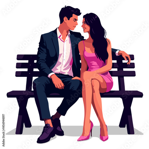 Couple sharing a romantic gaze on a bench, bold self-expression