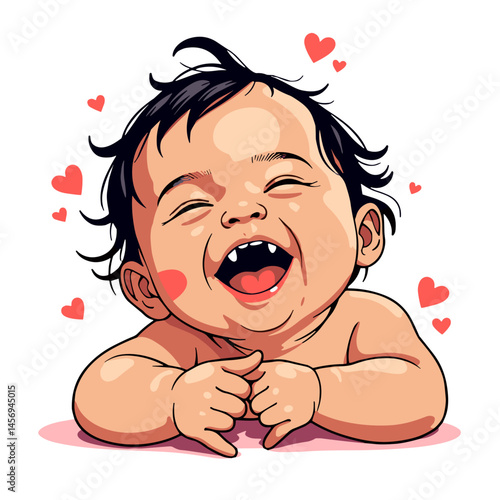 Joyful baby laughing with love hearts, vibrant self-expression
