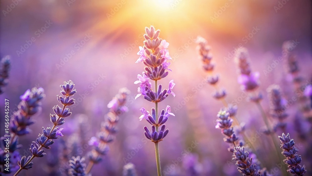 Naklejka premium A Field of Lavender Blossoms Bathed in the Warm Golden Light of Sunrise