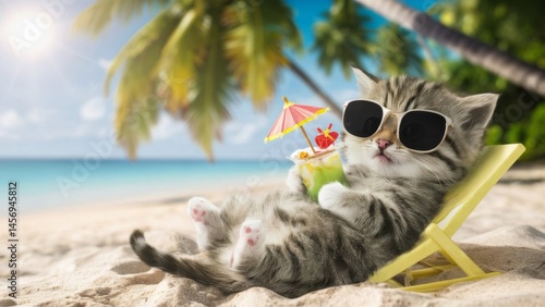 cat on the beach with cocktail