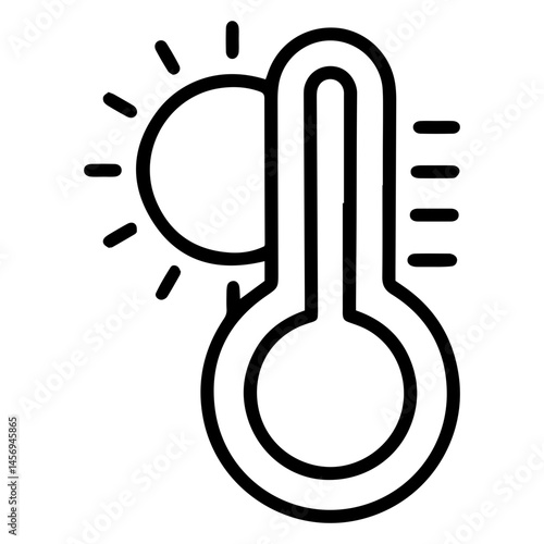 Thermometer (outline style). A thermometer next to the sun symbolizes high temperature, heat, or weather. Represents a device for measuring temperature, a hot climate, or a sunny day. Illustrates heat