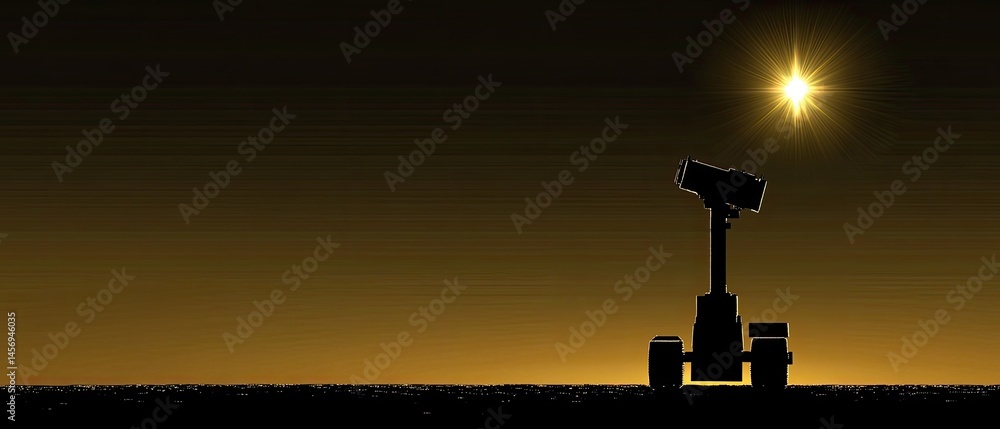 Obraz premium Silhouetted robotic vehicle on alien landscape.