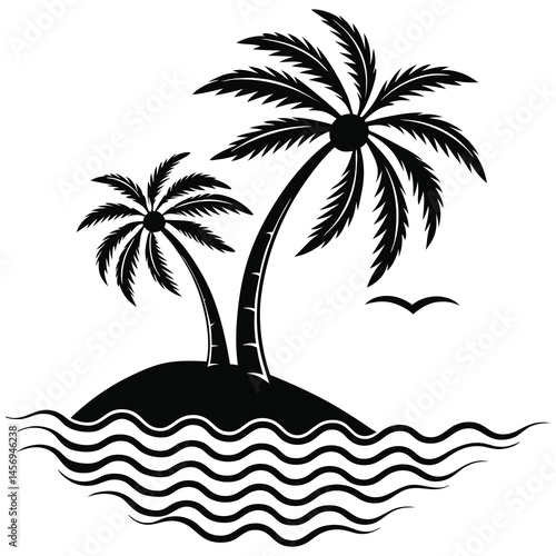 Tropical island paradise with palm trees on a sandy beach at sunset