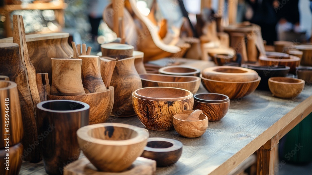 Fototapeta premium Handcrafted wooden bowls and kitchenware on display in artisanal craft market