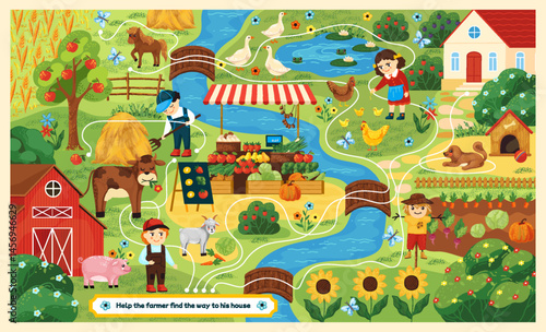 Farm maze. Kid puzzle game with labyrinth, find animal on map. Cute garden activity, countryside way. Modern village field and garden. Childish game page. Vector cartoon illustration