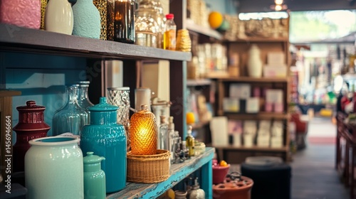 Wallpaper Mural Colorful ceramic jugs and bottles arranged on rustic wooden shelf in a cozy local shop Torontodigital.ca