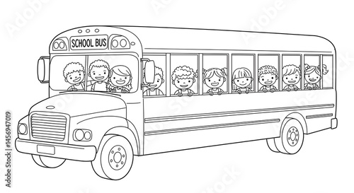 Children Riding School Bus Illustration Back to School Coloring Page