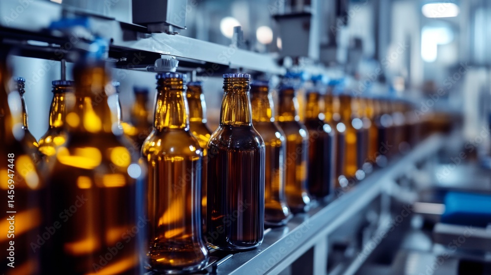 Industrial production line of brown glass bottles on conveyor belt in manufacturing facility Industrial production line of brown glass bottles on conveyor belt in manufacturing facility