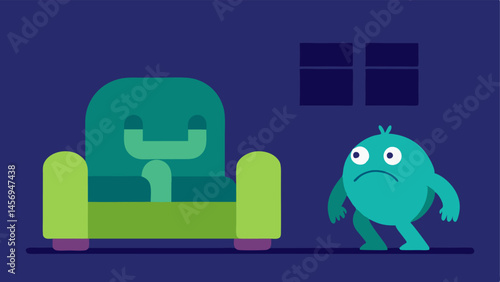 Anxiety Monster A small monstershaped figure crouching next to a a couch illustrating how online bullying leads to anxiety and fear at home.