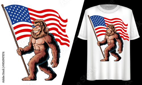 Bigfoot Holding American Flag, T-Shirt Design.