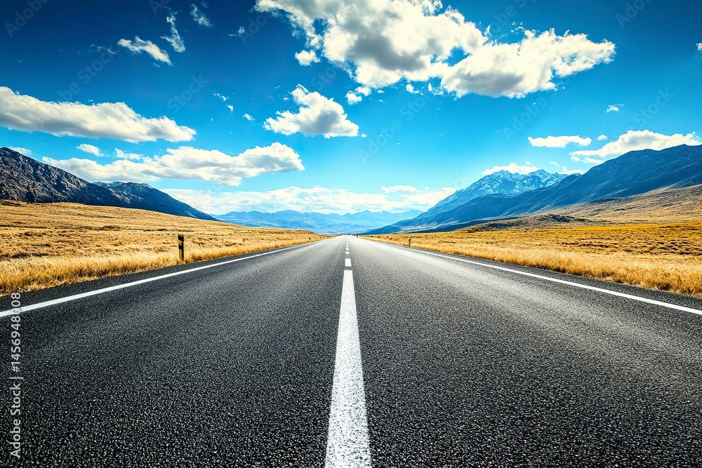 Naklejka premium Sunny day, asphalt road with white lines winding through the mountains of Spain. Beautiful natural landscape background with a blue sky and fluffy clouds. Travel concept.