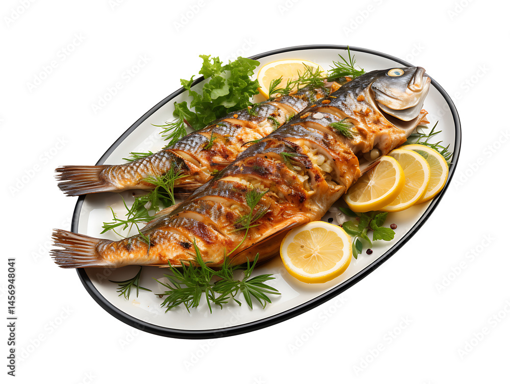Grilled fish on a plate isolated on transparent background Grilled fish on a plate isolated on transparent background