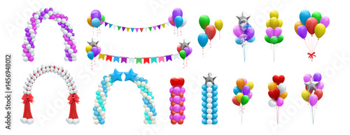 Balloon arch. Ballon garland, happy birthday party. Wedding helium decoration, anniversary day celebration. Grand opening decoration, carnival elements. Vector cartoon 3d isolated set