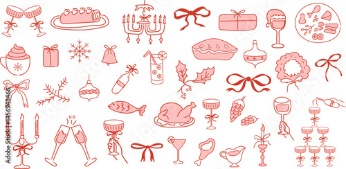 Hand drawn Christmas doodles collection with holiday food, gifts, decorations, and santa for greeting cards, invitations, party decor designs, 
wrapping paper and packaging designs.